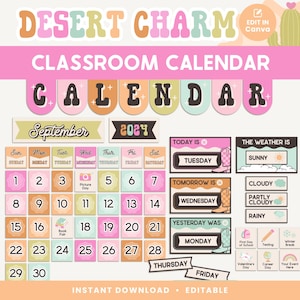 Classroom Calendar Display and Weather Station, Printable Bright Desert Western Classroom Decor, PDFs + Canva Editable Templates