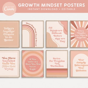 Growth Mindset Editable Classroom Printable Posters, Neutral Boho Classroom Decor, INSTANT DOWNLOAD 8x10 Canva Templates image 1