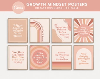 Growth Mindset Editable Classroom Printable Posters, Neutral Boho Classroom Decor, INSTANT DOWNLOAD - 8x10 + Canva Templates