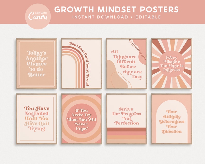 Growth Mindset Editable Classroom Printable Posters, Neutral Boho Classroom Decor, INSTANT DOWNLOAD 8x10 Canva Templates image 1