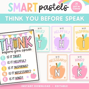 Bearbeitbares druckbares Poster für das Klassenzimmer, denken Sie nach, bevor Sie sprechen, helles Canva Klassenzimmerdekor, SOFORTIGER DOWNLOAD + Lehrervorlagen