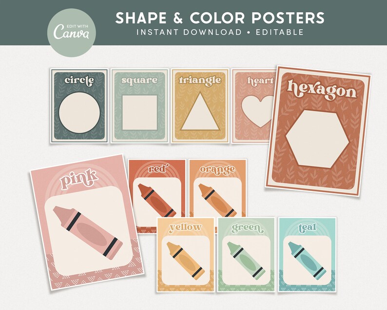 Classroom Shapes and Colors Printable Display, Editable in Canva, Modern Boho Classroom Bulletin Board Decor, PDFs Teacher Templates image 1