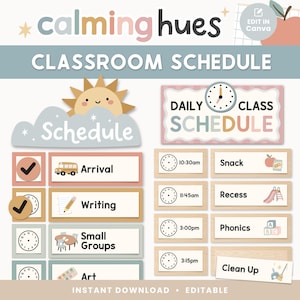 Peut inclure: Un emploi du temps scolaire aux couleurs pastel, avec un soleil, un nuage et une pomme. L'emploi du temps est divisé en créneaux horaires avec des activités telles que l'arrivée, l'écriture et les petits groupes. Le texte "calming hues" et "CLASSROOM SCHEDULE" sont affichés.
