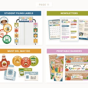 May include: A collection of classroom organisational materials including student filing labels with animal graphics, an affirmation station, newsletters, must do and may do task cards, and printable banners with colourful school supply illustrations.