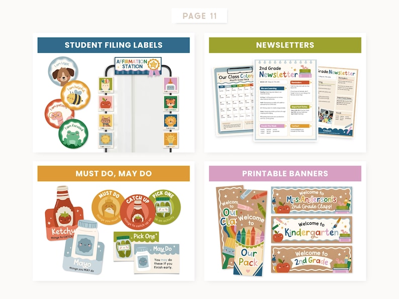 May include: A collection of classroom organisational materials including student filing labels with animal graphics, an affirmation station, newsletters, must do and may do task cards, and printable banners with colourful school supply illustrations.