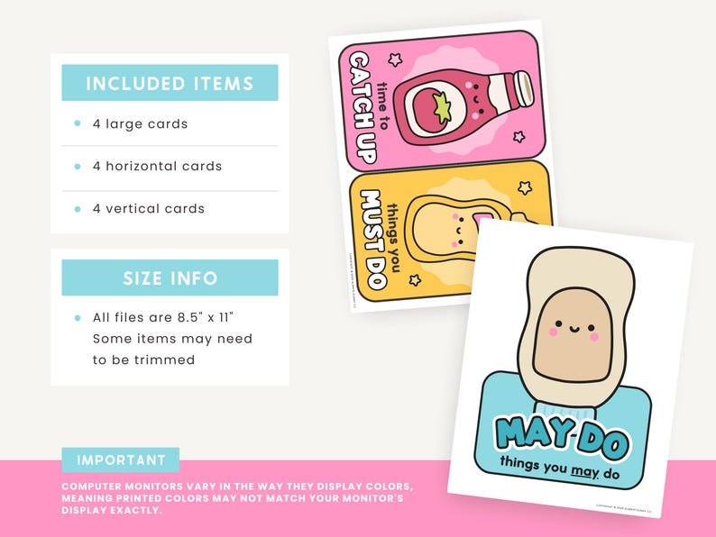 May include: A set of printable cards with cute illustrations and text. The cards include phrases like "Catch Up," "Must Do," and "May Do." The included items are 4 large cards, 4 horizontal cards, and 4 vertical cards. The files are 8.5" x 11".