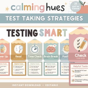Op de afbeelding: Een educatieve poster in pastelkleuren met de titel "Calming Hues Test Taking Strategies". De poster bevat geïllustreerde tips voor de voorbereiding op toetsen, waaronder "Power Up", "Read", "Time Check", "Brain Break", "Positive Thoughts" en "Check Your Work".