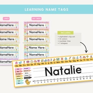 May include: Educational name tags with the text "Learning Name Tags". The image shows name tags with and without lines, a name tag with the name "Natalie", and a list of included items: alphabet clip art, 12 colors, a number line, and 7 shapes.