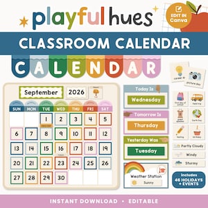 Può includere: Un calendario scolastico con il testo "Playful Hues" e "Classroom Calendar". Il calendario include un calendario di settembre 2026, una stazione meteorologica e schede eventi. Il design è colorato e include una mela.