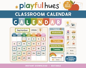 Bewerkbare klasagenda | Canvassjabloon met speelse tinten | Afdrukbare prikbordkalender | Leraar Klas Decor | Direct downloaden