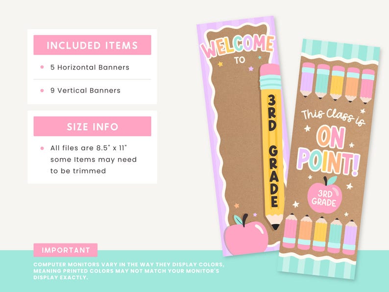 May include: Two vertical classroom banners with pastel colors and school themes. One banner says WELCOME TO 3RD GRADE with a pencil and apple. The other says This Class is ON POINT! with pencils and an apple. Text includes INCLUDED ITEMS and SIZE INFO.