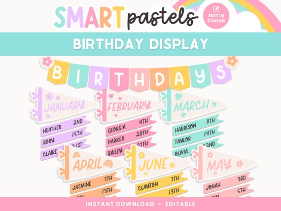 Classroom Birthday Printable Display, Editable in Canva, Bright Pastel Classroom Management Decor, PDFs + Teacher Templates