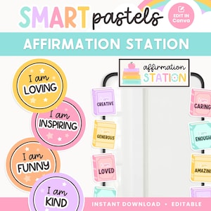 Classroom Affirmation Station Display, Bright Pastel Classroom Decor, Rainbow Editable Printable Classroom Management, Canva Templates