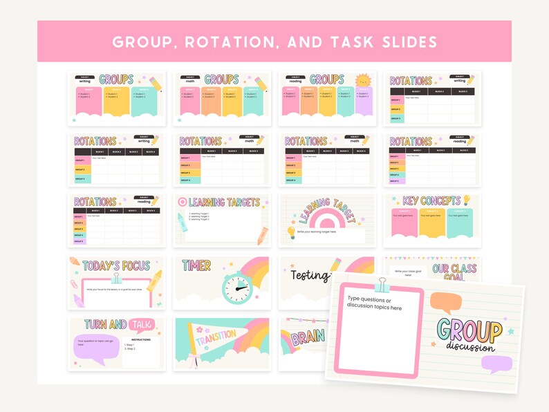 May include: A set of digital slides in pastel colours, including pink, yellow, and blue, with the text "GROUP, ROTATION, AND TASK SLIDES". The slides feature text such as "GROUPS", "ROTATIONS", and "LEARNING TARGETS".