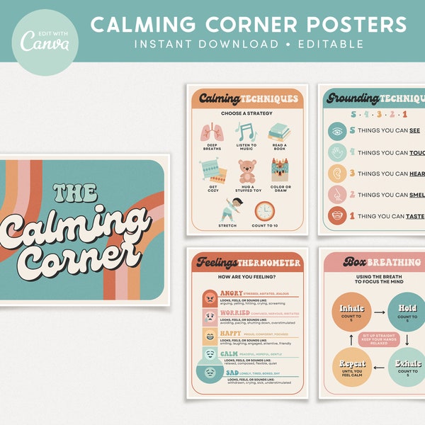 Calming Corner Editable Classroom Printables, Groovy Retro Canva Classroom Decor, Calm Down Skills - PDFs + Templates