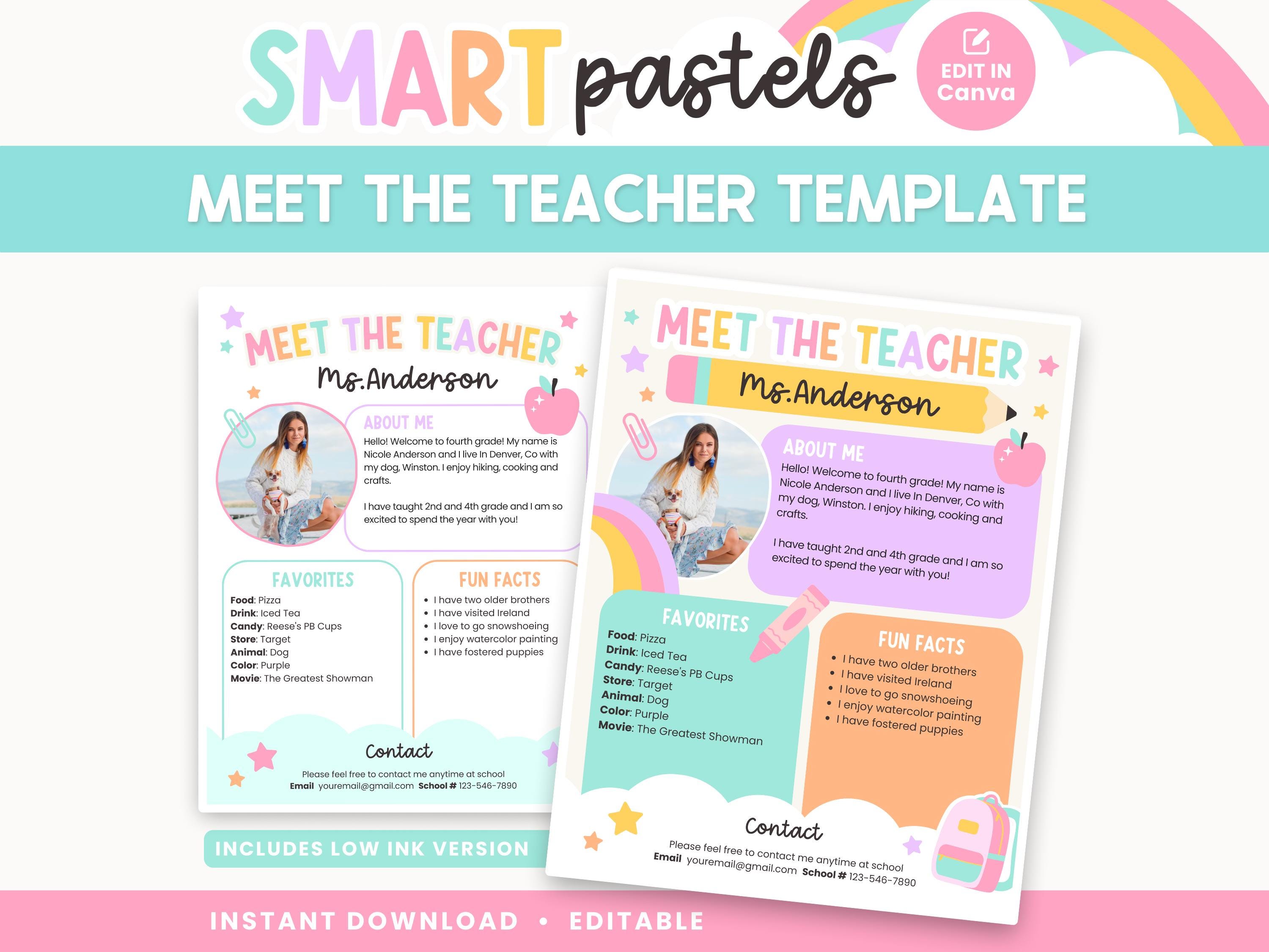 Meet the Teacher Classroom Printable Template, Teacher Introduction, Bright Pastel Classroom Canva, INSTANT DOWNLOAD Editable Template