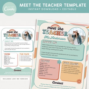 Meet the Teacher Classroom Printable Template, Groovy Teacher Introduction, Retro Canva Editable Template