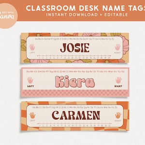Student Desk Name Labels, Editable Classroom Printables, Student Name Tags, Retro Bright Canva Classroom - Canva Editable Template