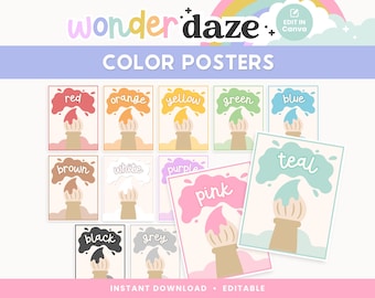 Editable Color Posters | Cute Paint Themed Classroom Decor | Pastel, Bright, and Fun Color Cards | Teacher Canva Template