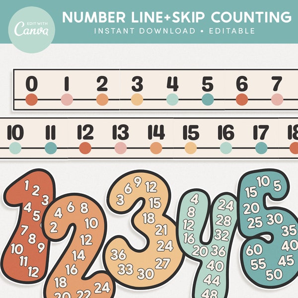 Classroom Number Line and Skip Counting Number Posters, Editable in Canva, Groovy Retro Classroom Decor, Teacher Templates
