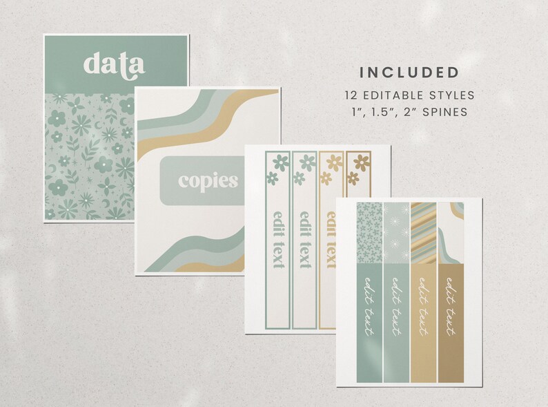 May include: Twelve editable spine labels in various styles. The labels feature a green and gold color scheme with floral, wavy, and striped patterns. The text "edit text" appears on each label. The labels are available in 1, 1.5, and 2 inch sizes.