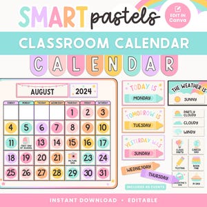 Classroom Calendar Display and Weather Station, Printable Bright Pastel Classroom Decor, PDFs + Canva Editable Templates, Pocket Chart