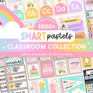 Bewerkbare, complete collectie printbare pastelkleuren voor in de klas, Canva-sjablonen voor klassenmanagement, heldere presentatie voor organisatie