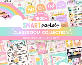 Editable Classroom Smart Pastels Complete Collection Printable Bundle, Canva Templates Classroom Management, Bright Organization Display