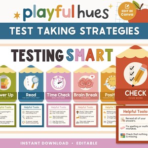 Bewerkbare poster met strategie voor het maken van toetsen in de klas | Smart Bulletin Board testen | Motiverende tips | Voorbereidende visuals voor studententests