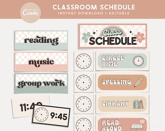 Classroom Schedule, Editable Groovy Canva Template, Retro Pastel Classroom Management Printables, - PDFs + Editable Templates