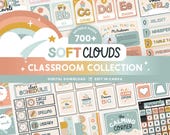 Editable Classroom Soft Clouds Complete Collection Printable Bundle, Canva Templates Classroom Management, Pastel Organization Display