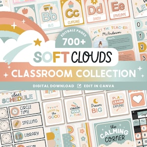Editable Classroom Soft Clouds Complete Collection Printable Bundle, Canva Templates Classroom Management, Pastel Organization Display