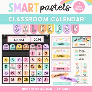 Classroom Calendar Display and Weather Station, Printable Bright Pastel Classroom Decor, PDFs + Canva Editable Templates, Pocket Chart