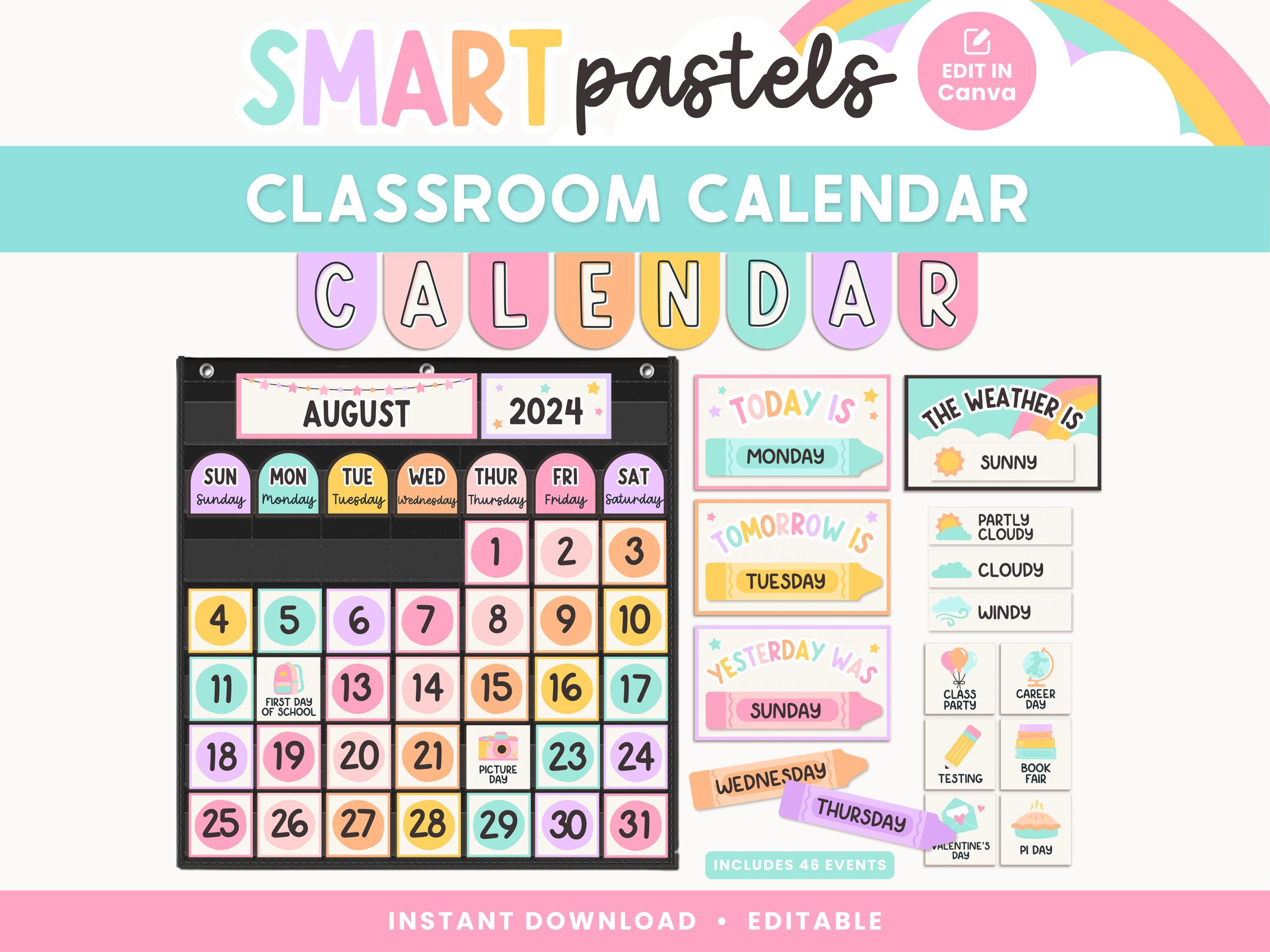 Klassenzimmer-Kalenderanzeige und Wetterstation, druckbare helle Pastell-Klassenzimmerdekoration, PDFs + Canva bearbeitbare Vorlagen, Taschenkarte