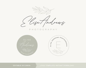 Diseño de logotipo editable, logotipo boho moderno de DIY Canva, logotipo elegante, logotipo de firma de hoja verde, plantilla de logotipo de script redondo, descarga instantánea