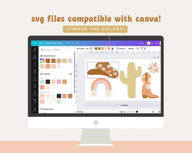 K&ouml;nnte beinhalten: Ein Computerbildschirm zeigt ein Designprogramm mit einer Vielzahl von bunten Elementen, darunter einen Cowboyhut, einen Kaktus und einen Stiefel. Der Text "svg files compatible with canva! CHANGE THE COLORS!" wird oben auf dem Bildschirm angezeigt.