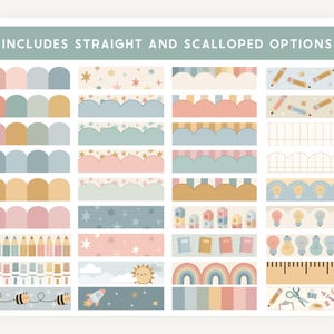 May include: A collection of digital design elements with a school theme. The image includes various borders, color palettes, and illustrations of pencils, stars, and rainbows. The text at the top reads "INCLUDES STRAIGHT AND SCALLOPED OPTIONS."