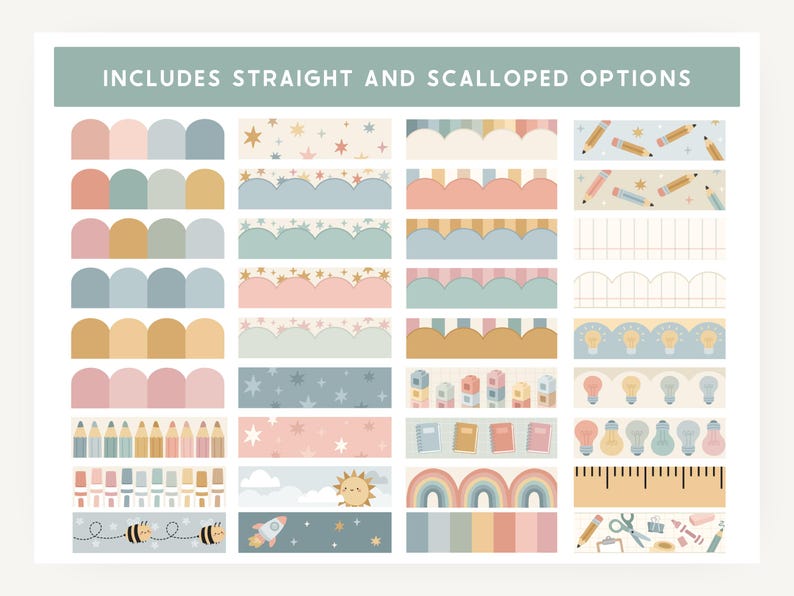 May include: A collection of digital design elements with a school theme. The image includes various borders, color palettes, and illustrations of pencils, stars, and rainbows. The text at the top reads "INCLUDES STRAIGHT AND SCALLOPED OPTIONS."
