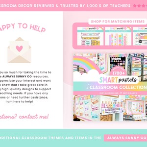 Puede incluir: Imagen promocional para la decoraci&oacute;n del aula. La imagen presenta una combinaci&oacute;n de colores rosa y blanco con el texto "HAPPY TO HELP" y "CLASSROOM COLLECTION". Hay ejemplos de art&iacute;culos de decoraci&oacute;n del aula.