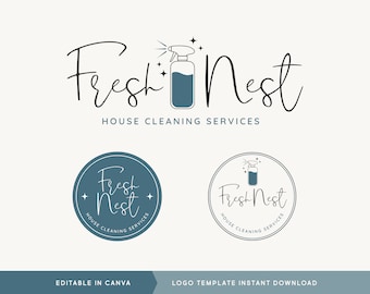 Editable Canva Cleaning Logo Designs, DIY Cleaning Service Logo, Round Spray Bottle Branding, Instant Download