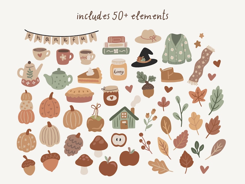Op de afbeelding: Een set van 50+ herfstthema-illustraties met pompoenen, bladeren, een huis, een heksenhoed, een theepot, een taart en meer. De illustraties zijn in een warme kleurenpalet van bruinen, oranje en gele tinten.