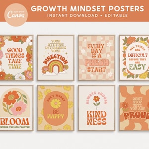 Growth Mindset Editable Classroom Printable Posters, Retro Sunshine Groovy Classroom, INSTANT DOWNLOAD - 8x10 and Editable Canva Template