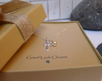 Sterling Silver Small Cross Charm on Delicate Sterling Chain w/Swarovski Pearl & Crystal Necklace; Baptism Gift, Godmother, Reglious Jewelry