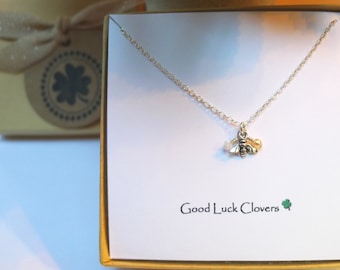 Tiny Silver Bumble Bee Birthstone Crystal & Pearl Charm Necklace, Small Bee , Bumble Bee, Honeybee, Silver Bee Jewelry, Friendship Jewelry