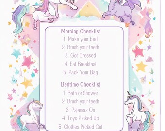 May include: A whimsical checklist featuring unicorns and stars. The text reads "Morning Checklist" and "Bedtime Checklist" with tasks like "Make your bed" and "Brush your teeth." The design is in pastel colors with a playful, fantasy theme.