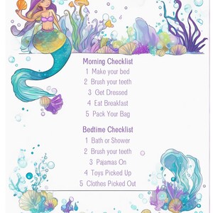 May include: A whimsical illustration of a mermaid with purple hair and a colorful tail, surrounded by underwater elements. The image includes a "Morning Checklist" and a "Bedtime Checklist" with tasks like "Make your bed" and "Brush your teeth."