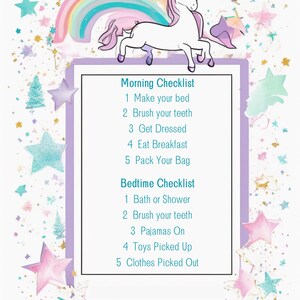 May include: A whimsical checklist for morning and bedtime routines. The design features a unicorn, rainbow, and stars in pastel colors. The checklist includes tasks like making the bed, brushing teeth, and getting dressed.
