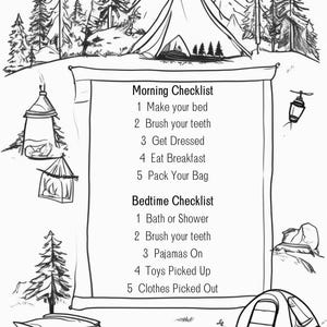 May include: Black and white illustration of a camping scene with a tent, trees, and mountains. A scroll displays a morning and bedtime checklist with tasks like making the bed, brushing teeth, and packing a bag.