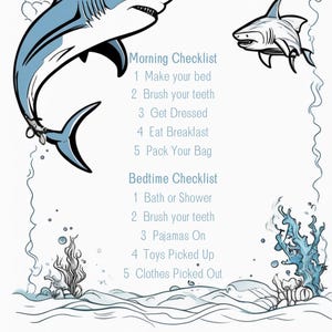 May include: A whimsical illustration featuring cartoon sharks and ocean elements. The image includes a "Morning Checklist" and a "Bedtime Checklist" with tasks like making the bed and brushing teeth. The design is in shades of blue and white.