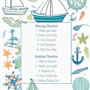 May include: A nautical-themed illustration with sailboats, anchors, and starfish. The image includes a "Morning Checklist" and a "Bedtime Checklist" with tasks like making the bed, brushing teeth, and packing a bag. The color palette is primarily blue, green, and white.